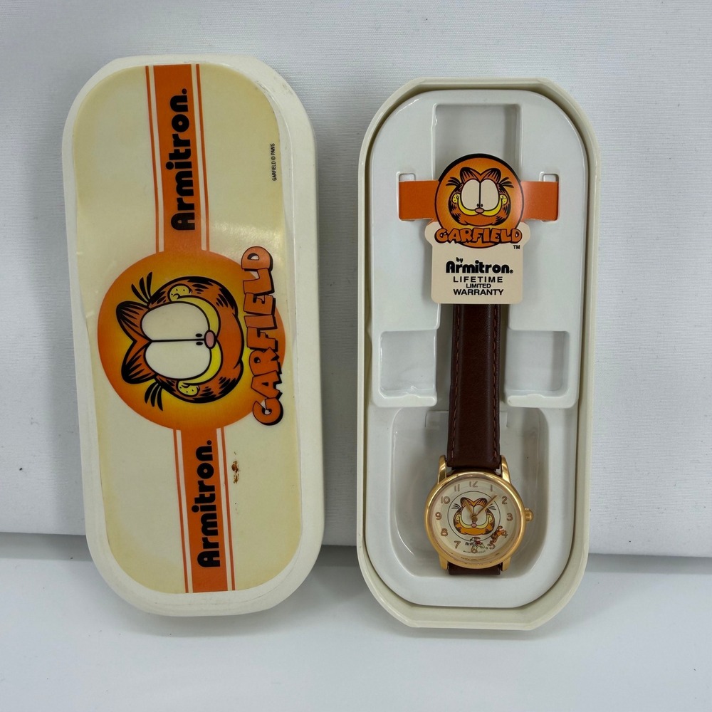 Vintage Armitron Garfield Watch Gold Tone Brown Leather Strap 900/128 Y127 Case